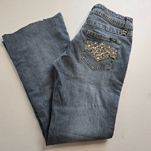 Angels Jeans Juniors 3 Blue Flare Raw Hem Ankle Embordered Sequin Bejeweled - Picture 10 of 16